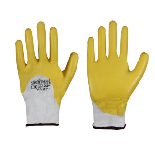 SOLECO&reg; Nitril-Handschuhe aus Polyester-Feinstrick - PSA CAT II - wei&szlig;/gelb - Gr&ouml;&szlig;e 8